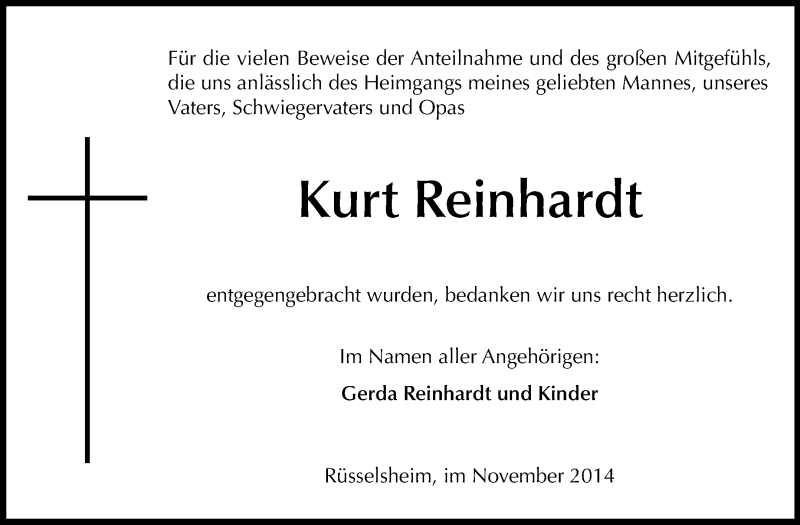  Traueranzeige für Kurt Reinhardt vom 08.11.2014 aus Rüsselsheimer Echo, Groß-Gerauer-Echo, Ried Echo