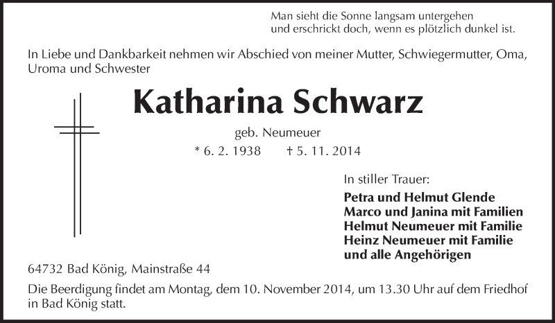  Traueranzeige für Katharina Schwarz vom 08.11.2014 aus Odenwälder Echo