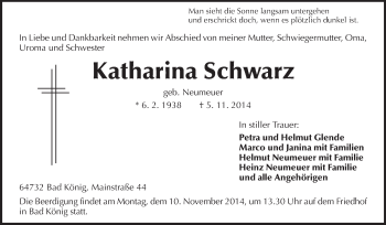 Traueranzeige von Katharina Schwarz von Odenwälder Echo