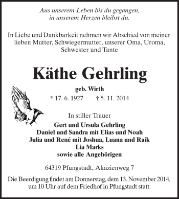 Traueranzeige von Käthe Gehrling von Echo-Zeitungen (Gesamtausgabe)