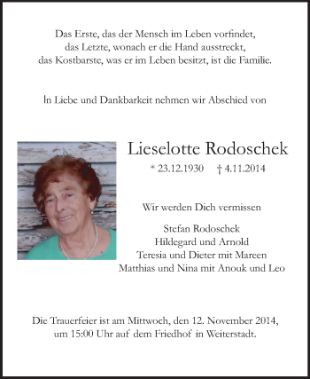 Traueranzeige von Lieselotte Rodoschek von Echo-Zeitungen (Gesamtausgabe)