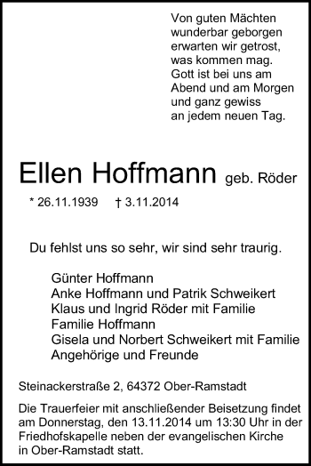 Traueranzeige von Ellen Hoffmann von Echo-Zeitungen (Gesamtausgabe)