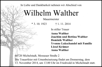 Traueranzeige von Wilhelm Walther von Odenwälder Echo