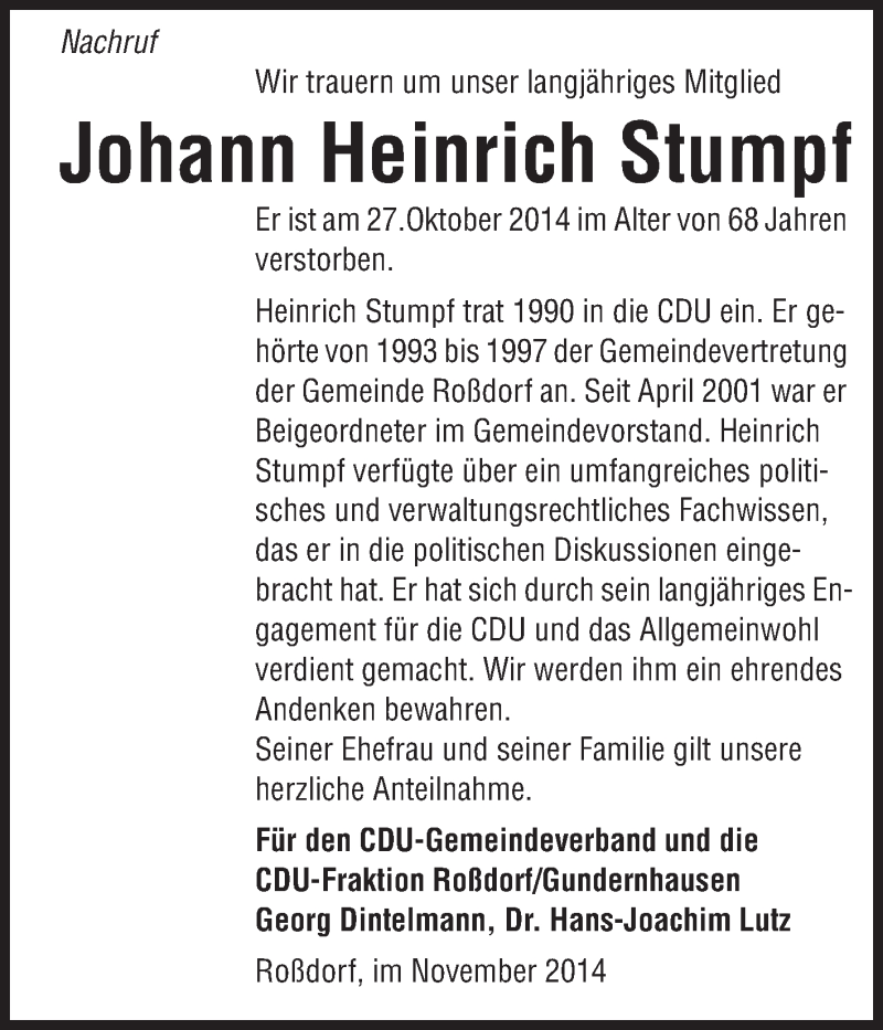  Traueranzeige für Johann Heinrich Stumpf vom 08.11.2014 aus Echo-Zeitungen (Gesamtausgabe)