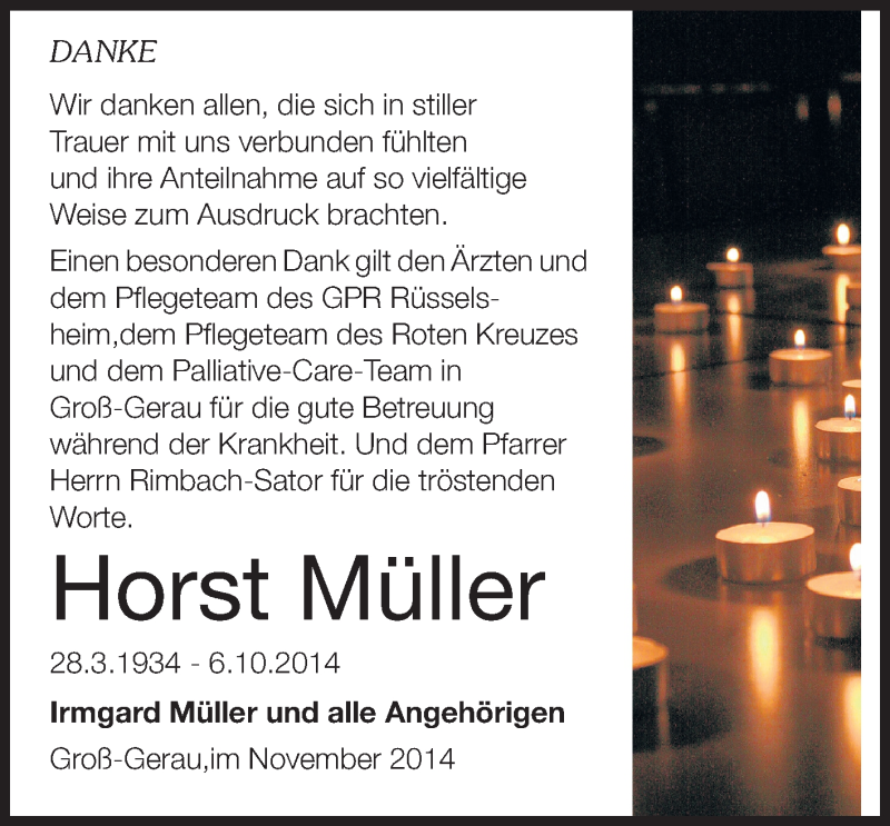  Traueranzeige für Horst Müller vom 08.11.2014 aus Rüsselsheimer Echo, Groß-Gerauer-Echo, Ried Echo