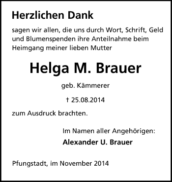 Traueranzeige von Helga M. Brauer von Echo-Zeitungen (Gesamtausgabe)