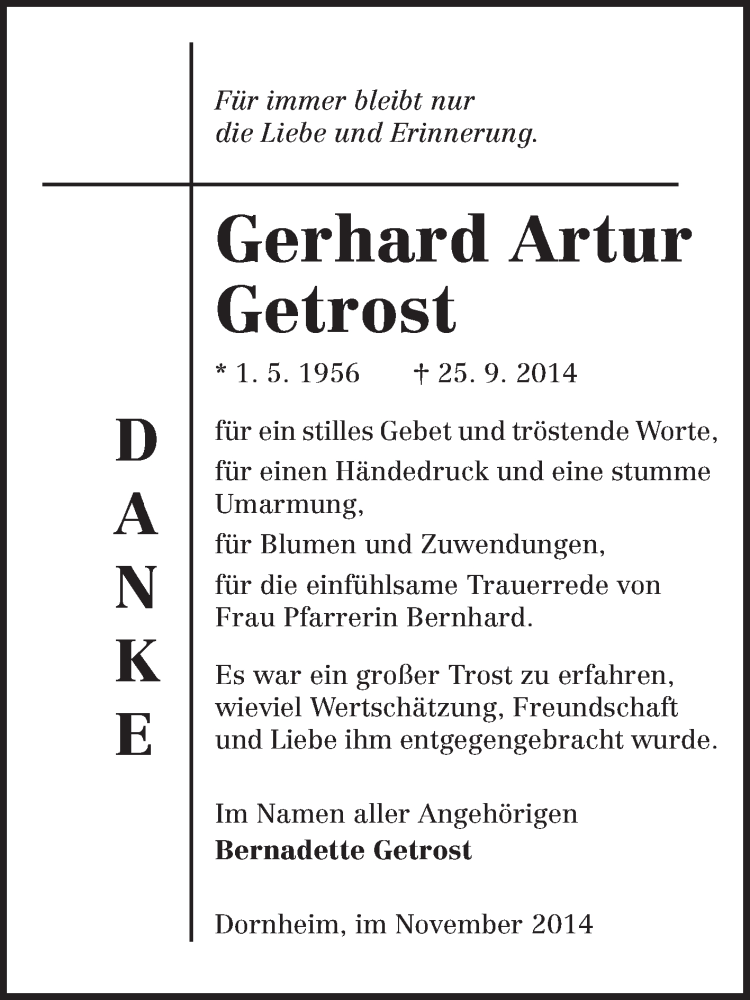  Traueranzeige für Gerhard Artur Getrost vom 08.11.2014 aus Rüsselsheimer Echo, Groß-Gerauer-Echo, Ried Echo