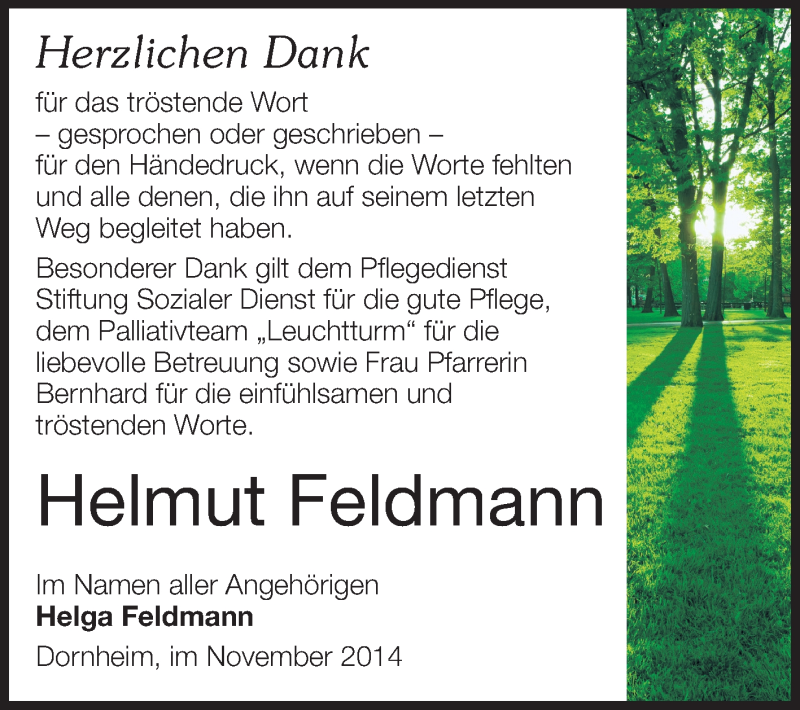 Traueranzeige für Helmut Feldmann vom 08.11.2014 aus Rüsselsheimer Echo, Groß-Gerauer-Echo, Ried Echo