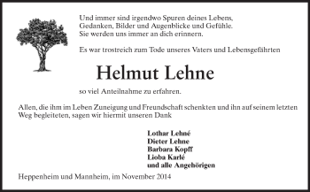 Traueranzeige von Helmut Lehne von Starkenburger Echo, Bergsträßer Anzeiger