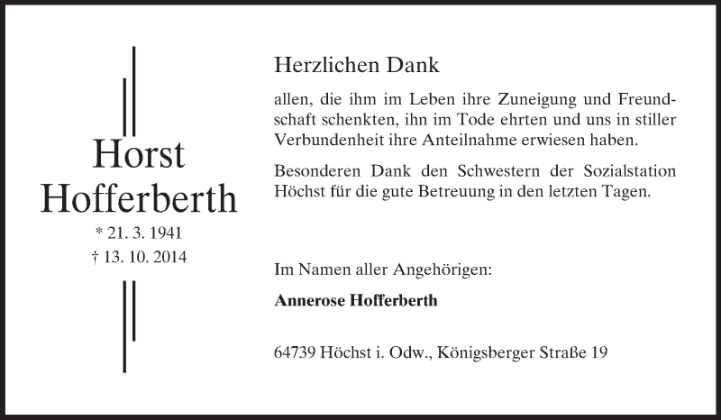  Traueranzeige für Horst Hofferberth vom 08.11.2014 aus Odenwälder Echo