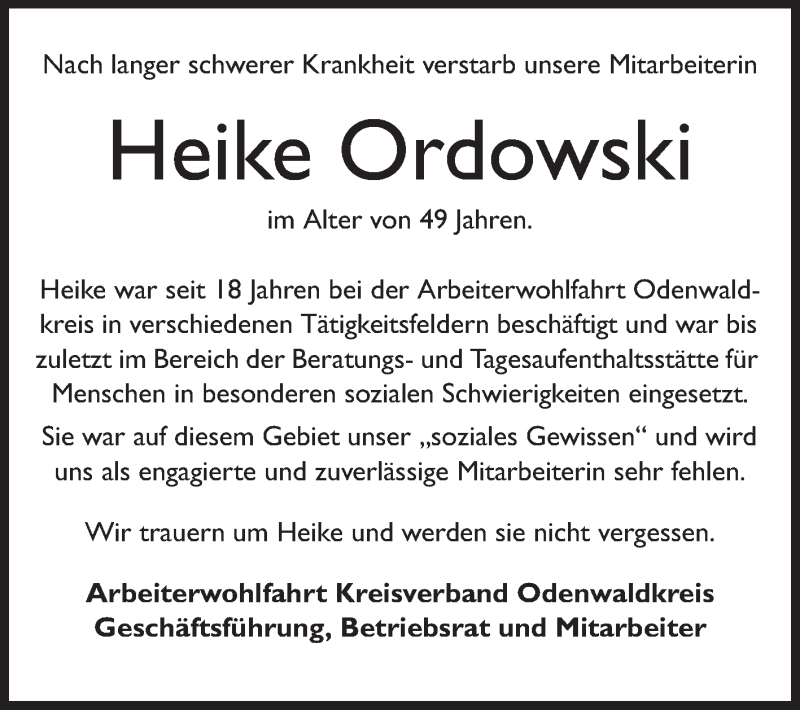  Traueranzeige für Heike Ordowski vom 10.11.2014 aus Odenwälder Echo