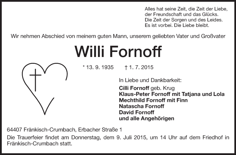  Traueranzeige für Willi Fornoff vom 07.07.2015 aus Echo-Zeitungen (Gesamtausgabe)