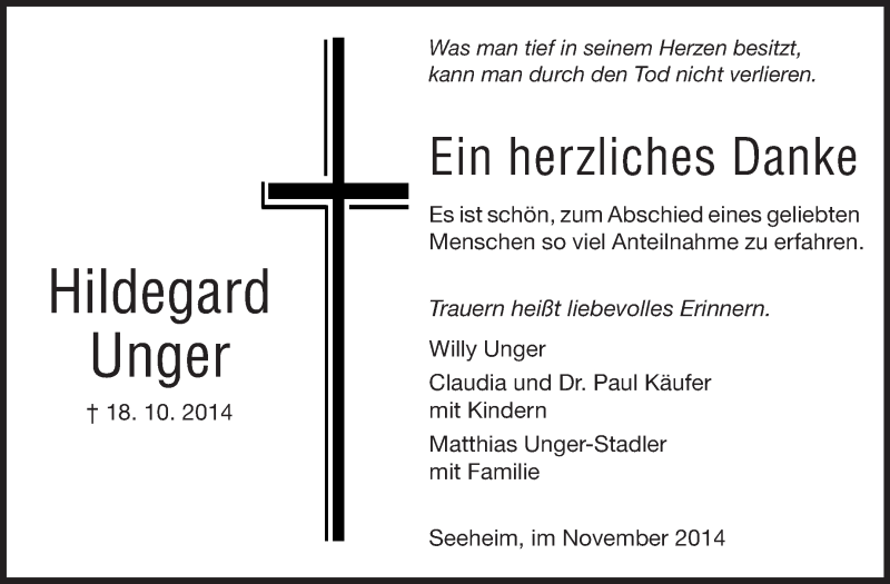  Traueranzeige für Hildegard Unger vom 10.11.2014 aus Echo-Zeitungen (Gesamtausgabe)