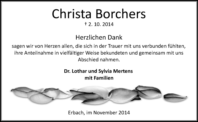  Traueranzeige für Christa Borchers vom 12.11.2014 aus Odenwälder Echo