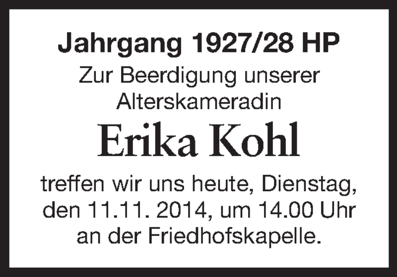  Traueranzeige für Erika Kohl vom 11.11.2014 aus Starkenburger Echo