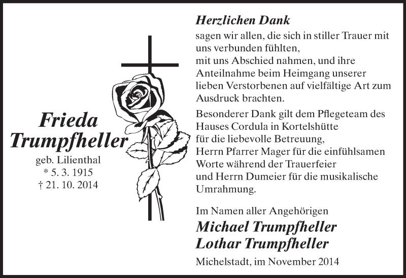  Traueranzeige für Frieda Trumpfheller vom 15.11.2014 aus Odenwälder Echo