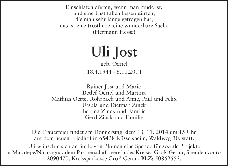  Traueranzeige für Ulrike Jost vom 11.11.2014 aus Rüsselsheimer Echo, Groß-Gerauer-Echo, Ried Echo