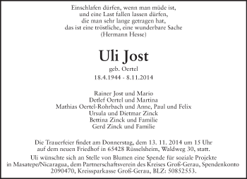 Traueranzeige von Ulrike Jost von Rüsselsheimer Echo, Groß-Gerauer-Echo, Ried Echo