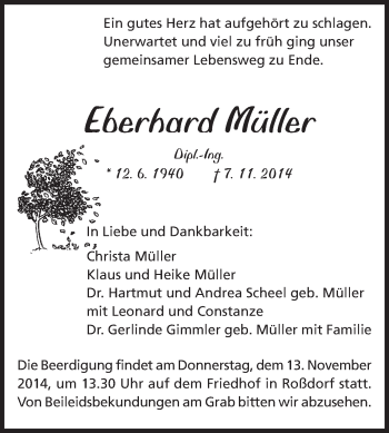 Traueranzeige von Eberhard Müller von Echo-Zeitungen (Gesamtausgabe)