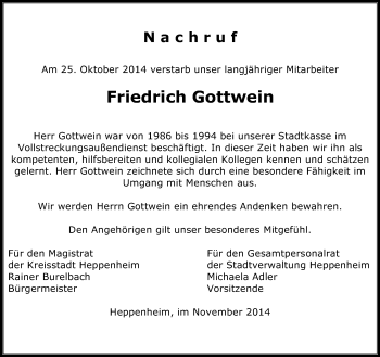 Traueranzeige von Friedrich Gottwein von Starkenburger Echo