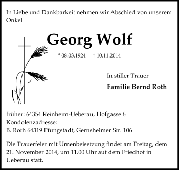 Traueranzeige von Georg Wolf von Darmstädter Echo, Odenwälder Echo, Rüsselsheimer Echo, Groß-Gerauer-Echo, Ried Echo