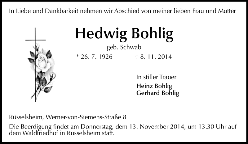 Traueranzeige für Hedwig Bohlig vom 12.11.2014 aus Rüsselsheimer Echo, Groß-Gerauer-Echo, Ried Echo