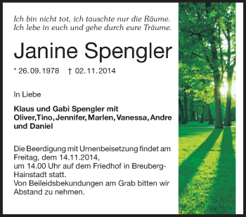 Traueranzeige von Janine Spengler von Odenwälder Echo