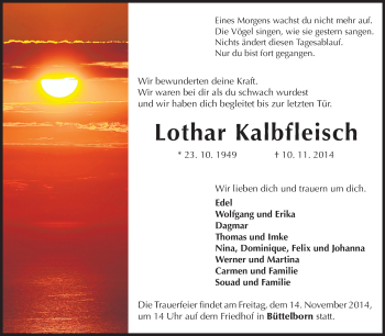 Traueranzeige von Lothar Kalbfleisch von Echo-Zeitungen (Gesamtausgabe)