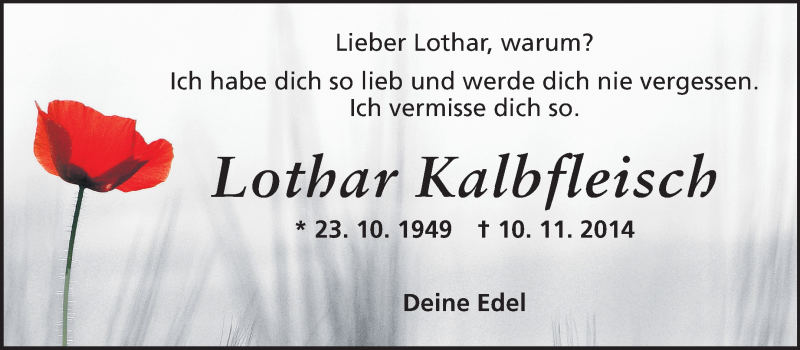  Traueranzeige für Lothar Kalbfleisch vom 12.11.2014 aus Rüsselsheimer Echo, Groß-Gerauer-Echo, Ried Echo