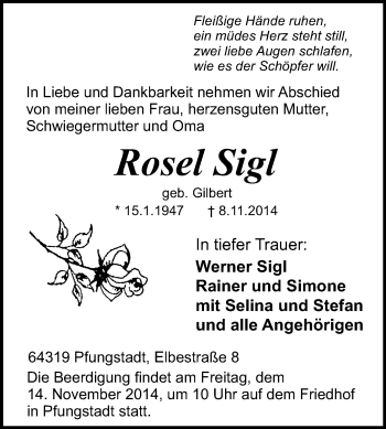 Traueranzeige von Rose Sigl von Echo-Zeitungen (Gesamtausgabe)