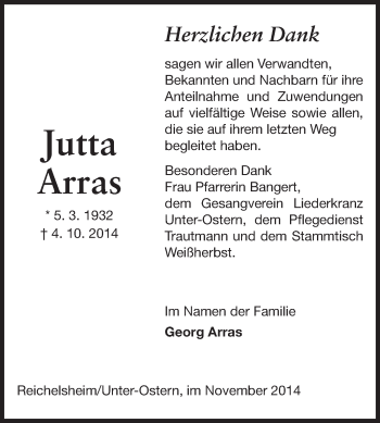 Traueranzeige von Jutta Arras von Odenwälder Echo