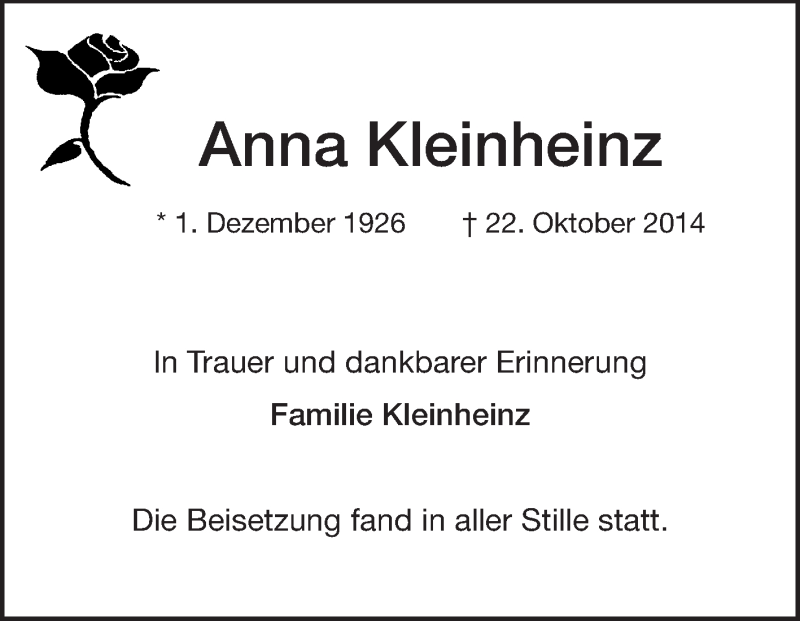  Traueranzeige für Anna Kleinheinz vom 13.11.2014 aus Echo-Zeitungen (Gesamtausgabe)