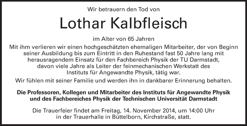  Traueranzeige für Lothar Kalbfleisch vom 13.11.2014 aus Echo-Zeitungen (Gesamtausgabe)