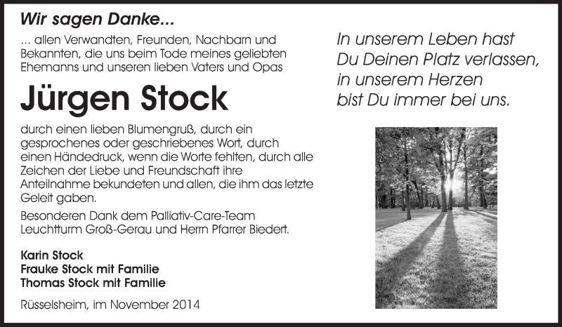  Traueranzeige für Jürgen Stock vom 15.11.2014 aus Rüsselsheimer Echo, Groß-Gerauer-Echo, Ried Echo