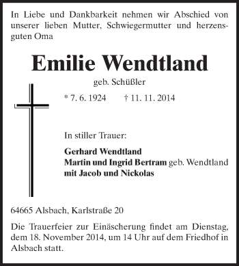 Traueranzeige von Emilie Wendtland von Echo-Zeitungen (Gesamtausgabe)