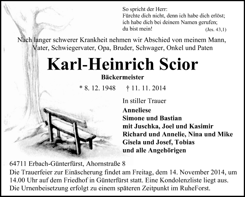  Traueranzeige für Karl-Heinrich Scior vom 13.11.2014 aus Odenwälder Echo
