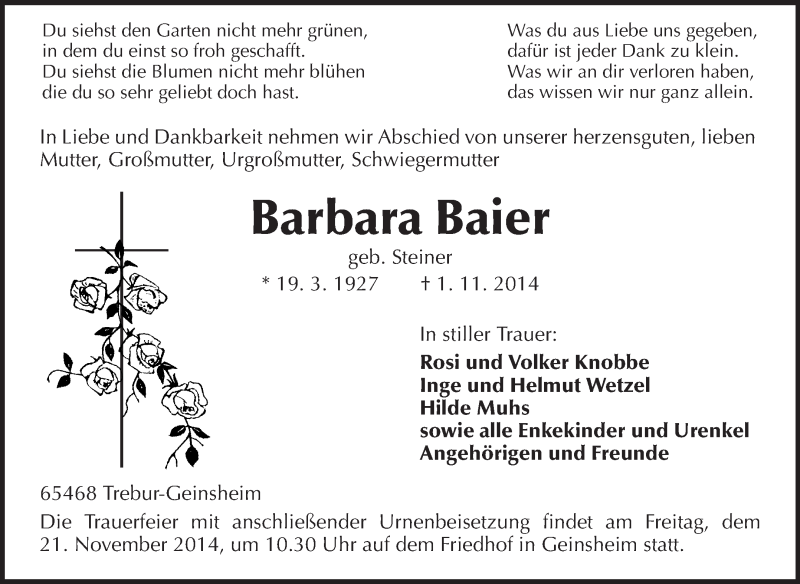  Traueranzeige für Barbara Baier vom 17.11.2014 aus Rüsselsheimer Echo, Groß-Gerauer-Echo, Ried Echo