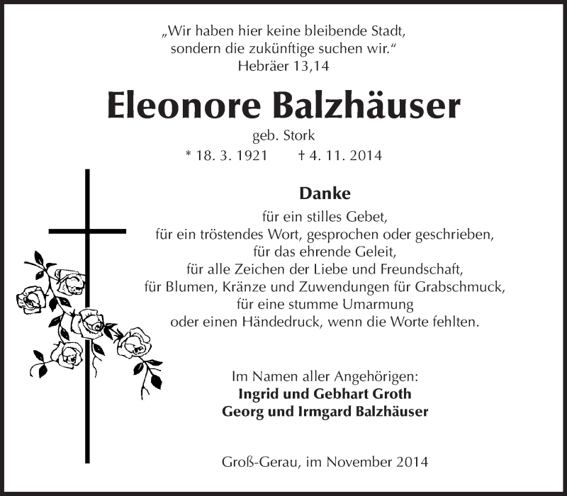  Traueranzeige für Eleonore Balzhäuser vom 22.11.2014 aus Rüsselsheimer Echo, Groß-Gerauer-Echo, Ried Echo