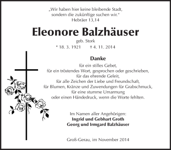 Traueranzeige von Eleonore Balzhäuser von Rüsselsheimer Echo, Groß-Gerauer-Echo, Ried Echo
