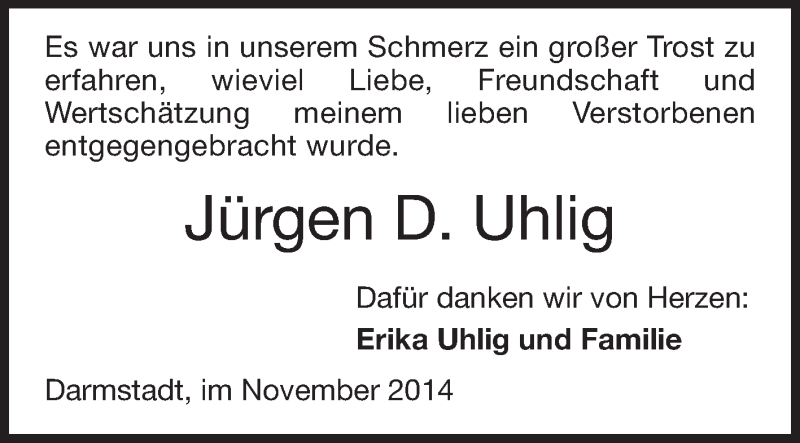  Traueranzeige für Jürgen  Uhlig vom 15.11.2014 aus Echo-Zeitungen (Gesamtausgabe)