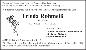 Traueranzeige von Frieda Rohmeiß von Echo-Zeitungen (Gesamtausgabe)