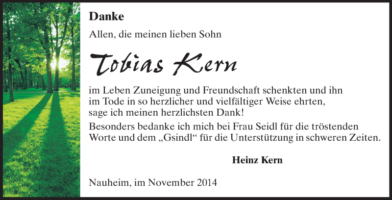  Traueranzeige für Tobias Kern vom 15.11.2014 aus Rüsselsheimer Echo, Groß-Gerauer-Echo, Ried Echo