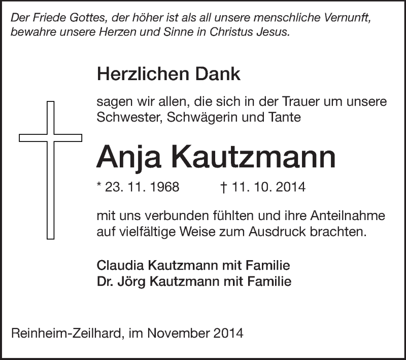 Traueranzeige für Anja Kautzmann vom 15.11.2014 aus Echo-Zeitungen (Gesamtausgabe)