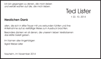 Traueranzeige von Ted  Lister von Rüsselsheimer Echo, Groß-Gerauer-Echo, Ried Echo