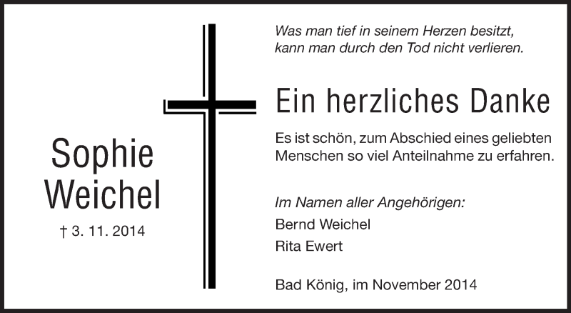  Traueranzeige für Sophie Weichel vom 15.11.2014 aus Echo-Zeitungen (Gesamtausgabe)