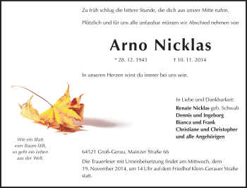 Traueranzeige von Arno Nicklas von Rüsselsheimer Echo, Groß-Gerauer-Echo, Ried Echo