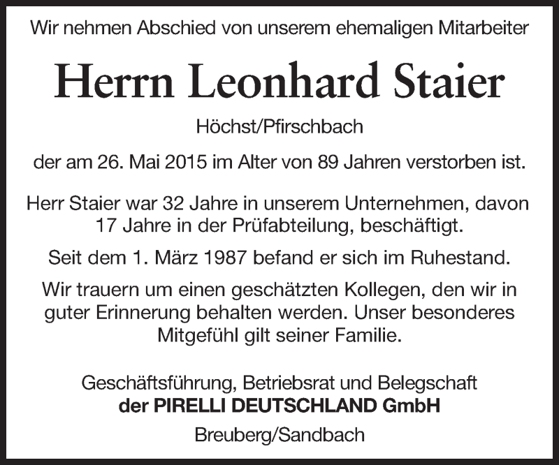 Traueranzeige für Leonhard Staier vom 16.06.2015 aus Odenwälder Echo