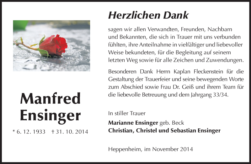  Traueranzeige für Manfred Ensinger vom 17.11.2014 aus Starkenburger Echo