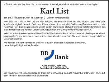 Traueranzeige von Karl List von Echo-Zeitungen (Gesamtausgabe)