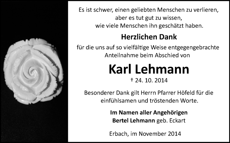  Traueranzeige für Karl Lehmann vom 15.11.2014 aus Odenwälder Echo